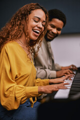 Friends, musicians and playing piano in studio album recording, night learning or education coaching for label industry. Smile, happy and singer woman with pianist instrument for radio collaboration © Clement C/peopleimages.com