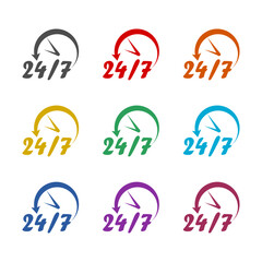 24 7 all open icon isolated on white background. Set icons colorful