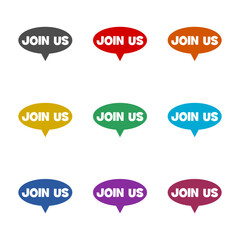 Join us label speech bubble icon isolated on white background. Set icons colorful