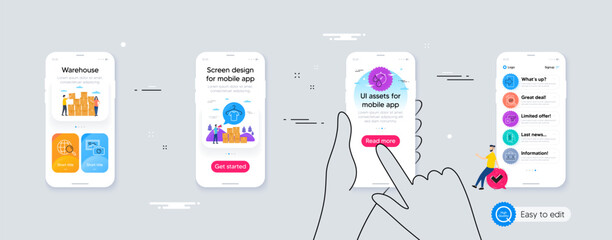 Outline set of Checkbox, Money app and T-shirt line icons for web application. Phone ui interface. Include Timer, Check article, Web search icons. Portfolio, Login, Photo camera web elements. Vector