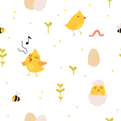 Seamless pattern with rooster, hen and chicks. Chicken with brood. Cute lovely family of domestic fowl or poultry birds. Childish flat cartoon vector illustration.