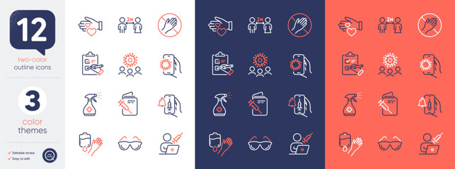 Set of Vaccination passport, Medical cleaning and Coronavirus line icons. Include Blood, Eyeglasses, Vaccine announcement icons. Volunteer, Dont touch, Checklist web elements. Covid app. Vector