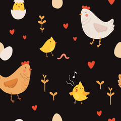 Seamless pattern with rooster, hen and chicks. Chicken with brood. Cute lovely family of domestic fowl or poultry birds. Childish flat cartoon vector illustration.