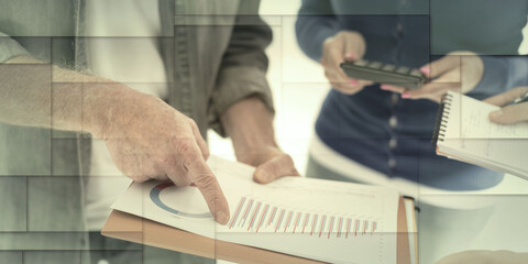 Business people discussing about financial results, geometric pattern