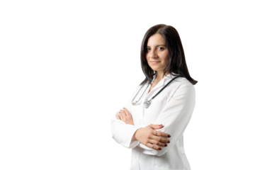 Portrait of an attractive young female doctor in white coat with stethoscope, isolated on transparent background, medical concept