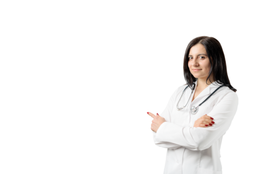 Portrait of an attractive young female doctor in white coat with stethoscope, isolated on transparent background, medical concept