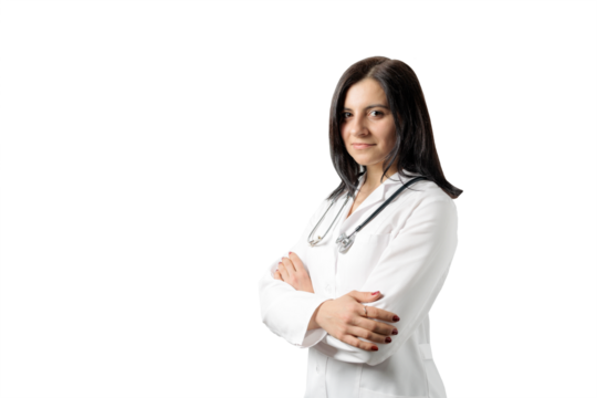 Portrait of an attractive young female doctor in white coat with stethoscope, isolated on transparent background, medical concept
