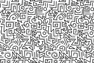 The drawing is hand-drawn with black geometric chaotic lines on a white background.Seamless pattern.