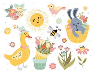 A set of vector illustrations with traditional elements of Easter goose goose painted eggs flowers