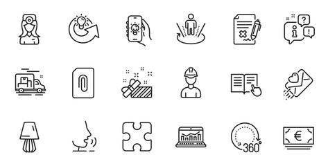 Outline set of Share idea, Euro currency and Present line icons for web application. Talk, information, delivery truck outline icon. Vector