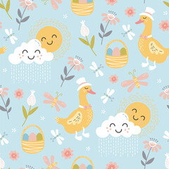 blue pattern easter spring sun basket with easter eggs vector