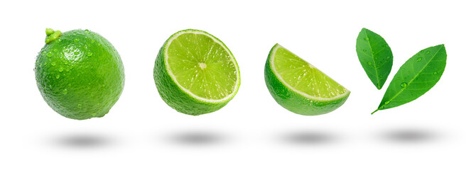 Flying lime with slices and leaf collection isolated on white background.