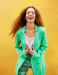 Portrait, fashion and woman laughing on yellow background, color wall and backdrop with smile in...