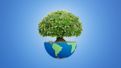 Big tree on half globe on blue background. Environment and Energy concept. Minimal style, 3D Render.