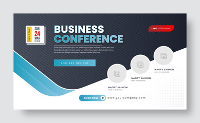 Business webinar invitation design. Webinar and business conference social media banner template. Online live webinar banner. Horizontal business conference flyer. Annual business conference.
