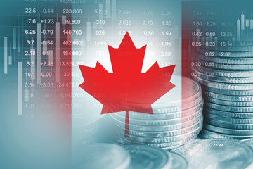 Canada flag with stock market finance, economy trend graph digital technology.