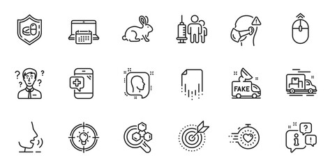 Outline set of Medical mask, Medical tablet and Head line icons for web application. Talk, information, delivery truck outline icon. Include Calendar, Fake news, Swipe up icons. Vector