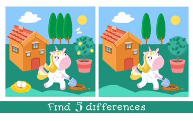 Find 5 hidden differences. Educational puzzle game for children. Cute unicorn in garden digging hole. Cartoon character animal horse, scene for design worksheet. Vector illustration.
