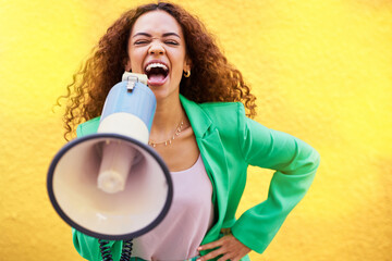 Woman, megaphone and protest on yellow background of speech, announcement and screaming noise....