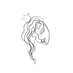 Girl in the crown silhouette one single line, continuous line drawing, beauty, princess sign, isolated on a white background vector illustration. Beauty queen with crown element design logo