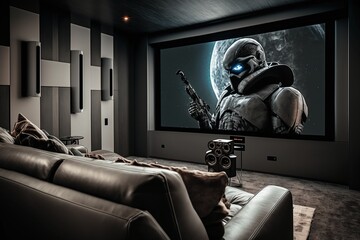Home Cinema Room with Large TV Screen and Sofa, Generative AI