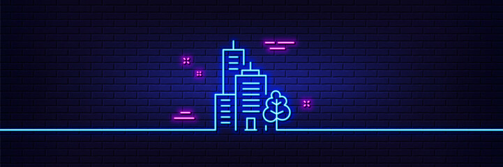 Neon light glow effect. Skyscraper buildings line icon. City architecture with tree sign. Town symbol. 3d line neon glow icon. Brick wall banner. Skyscraper buildings outline. Vector