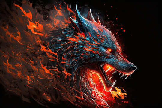 Evil wolf in red flames, fantasy, illustration AI
