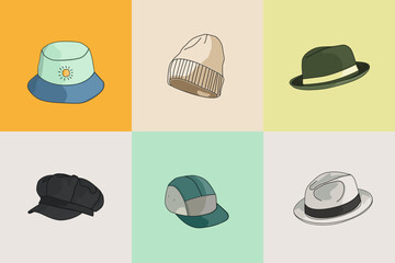 Set Headwear Collection. Bucket Hat, Fedora,Flat Cap, Trucker Cap, Beanie,
