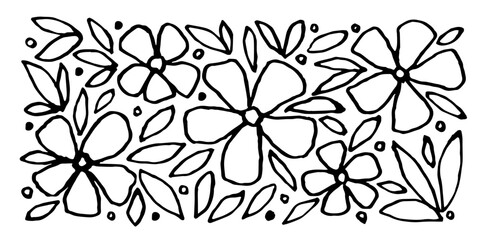 Set of floral elements with black outline. Vector sketch in ink. Flowers and leaves. Spring summer collection.