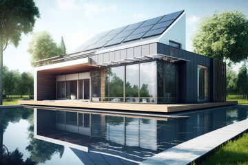 Energy Efficient House With Solar Panels And Wall Battery For Energy Storage  Generative AI