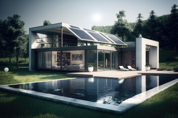 Energy Efficient House With Solar Panels And Wall Battery For Energy Storage  Generative AI