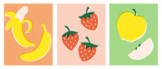 Bananas, strawberries, apple. Vector Illustrations - Off-register print effect.
