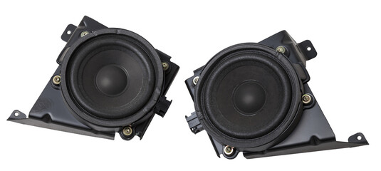 Two speakers of an acoustic system - an audio for playing music in a car interior on a white...