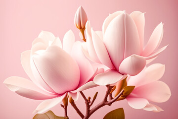 Blossoming Pink Magnolia Flowers on Soft Pink Background.