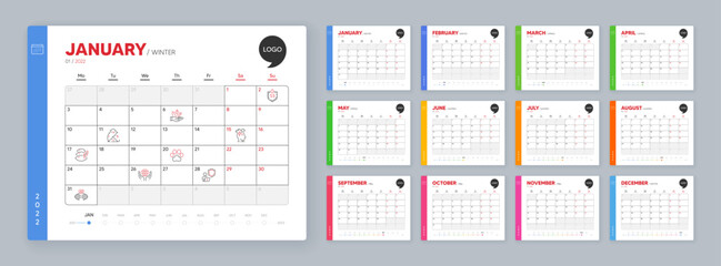Calendar 2022 month schedule. Organic product, Pillow and Dog paw minimal line icons. Organic tested, Stress protection, Stress icons. Ph neutral, Shield, Dumbbell web elements. Vector