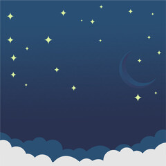 Night sky with stars and clouds. Vector illustration in flat style.