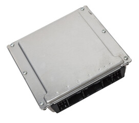 Metall car engine control unit on a white isolated background is the connecting center of various subsystems, units and assemblies. Monitoring the state of the moment. Spare part