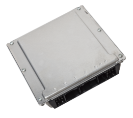 Metall car engine control unit on a white isolated background is the connecting center of various subsystems, units and assemblies. Monitoring the state of the moment. Spare part