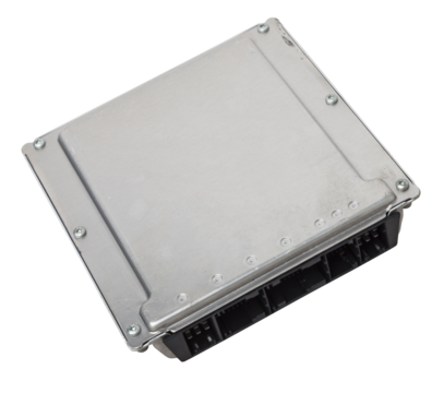 Metall car engine control unit on a white isolated background is the connecting center of various subsystems, units and assemblies. Monitoring the state of the moment. Spare part