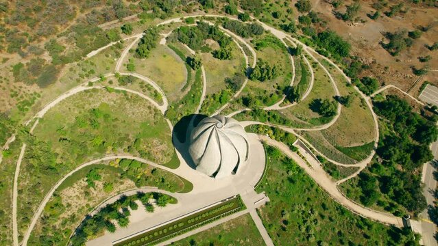 Aerial View Of Bahai Temple And Garden On A Sunny Day In Santiago, Chile. 