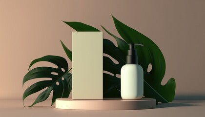 Showcasing Natural Cosmetic Bottle Mockup Minimalist Simple with Nature Light Color Background. Generative AI