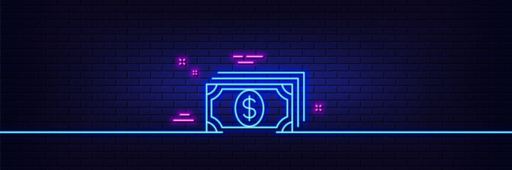 Neon light glow effect. Payment line icon. Dollar exchange sign. Finance symbol. 3d line neon glow icon. Brick wall banner. Payment outline. Vector