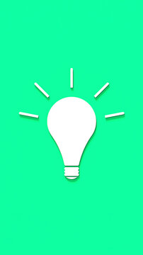 White glowing light bulb with shadow on light green background. Illustration of symbol of idea. Vertical image. 3D image. 3D rendering.