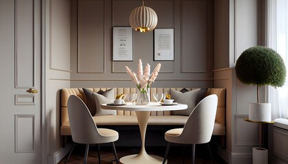 illustration of Dining room mock up with warm cream white colour dining set, wooden table on floor. generative ai.