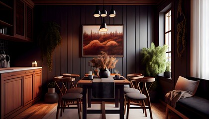kleines Esszimmer Interieur warme Sandfarben, generative ai, gemütliches elegantes Anwesen, modisches Zimmer, horizontales Innenlayout aus Hartholz,