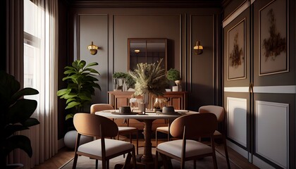small dining room interior warm sand colors, generative ai, cozy elegance estate, fashionable room,  hardwood horizontal inside layout,