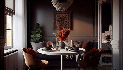 illustration of Dining room wall mock up with warm earth colour dining set, wooden table on floor. generative ai.