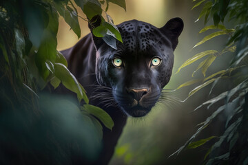 The panther watches the grub from behind the bushes. Black leopard in the rainforest. Close-up. Photorealistic illustration generated by AI. - obrazy, fototapety, plakaty