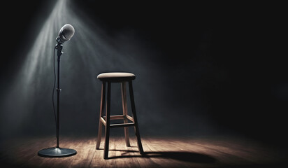 Concept stand up open mic for monologue. Poster background for comedy stage microphone with reflectors ray. Generation AI - obrazy, fototapety, plakaty