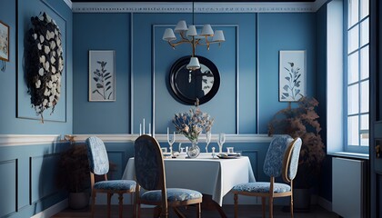 small dining room interior , generative ai, warm sky blue colors, comfortable lamp and chair decoration